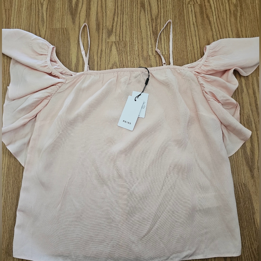 REISS BLOUSE NWT OFF SHOULDER‎ RUFFLE STRAPS ELEGANT PINK TOP - Picture 3 of 11